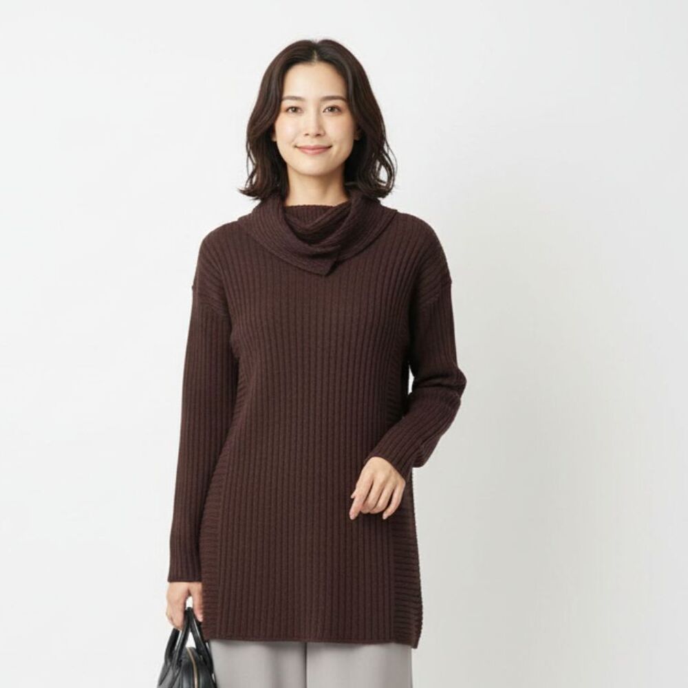 Rodier Women's Brown Cowl Ribbed Knit Long Sleeve Tunic Sweater M